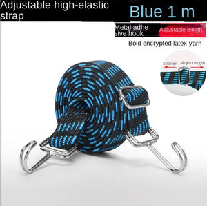 Heavy duty motorcycle bungee cord with hooks, designed for luggage security, by Hot Trend Vault, shown with secure attachment.