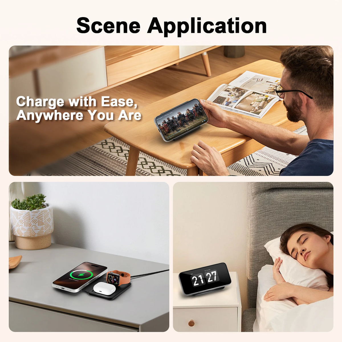 Hot Trend Vault 3-in-1 wireless charger station for Apple devices, fast charging multiple devices simultaneously on a sleek pad.