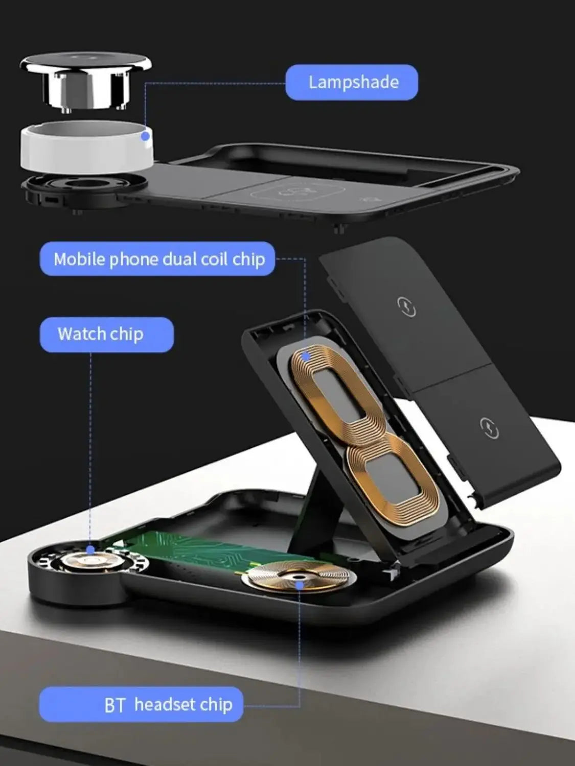 Foldable 3-in-1 wireless charging station by Hot Trend Vault with night light, supports 15W fast charging for iPhone 15, 14, and 13.