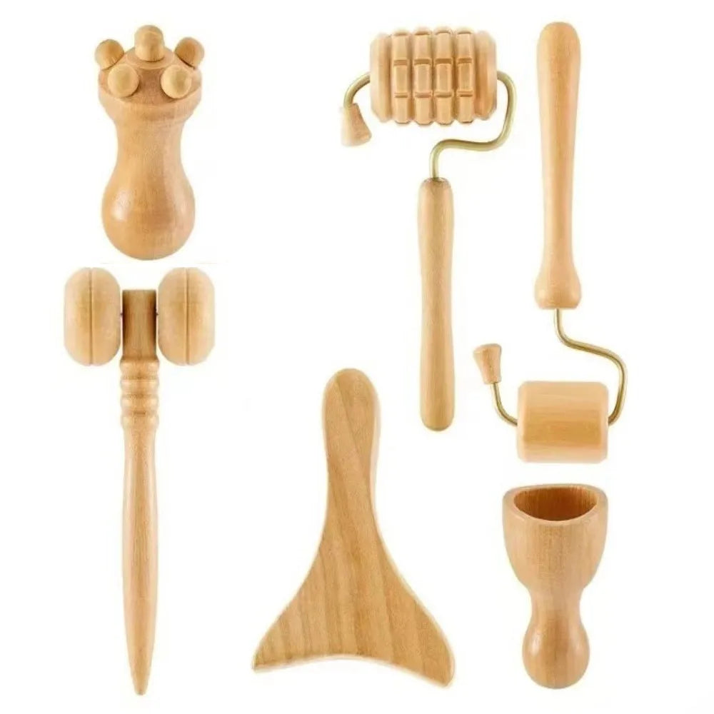 6/7/8Pcs/Set Wooden Facial Massage Tools Roller Scraping Board Face Massager Kit Durable Anti-Aging Facial Care Kit