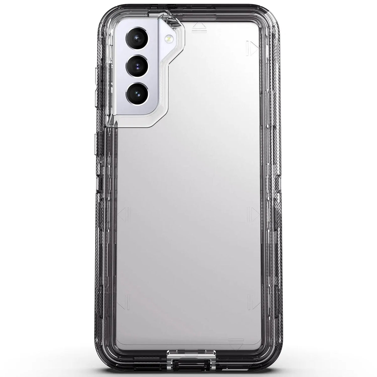 Hot Trend Vault Galaxy S21 Series transparent shockproof case with two tempered glass screen protectors on a white background.