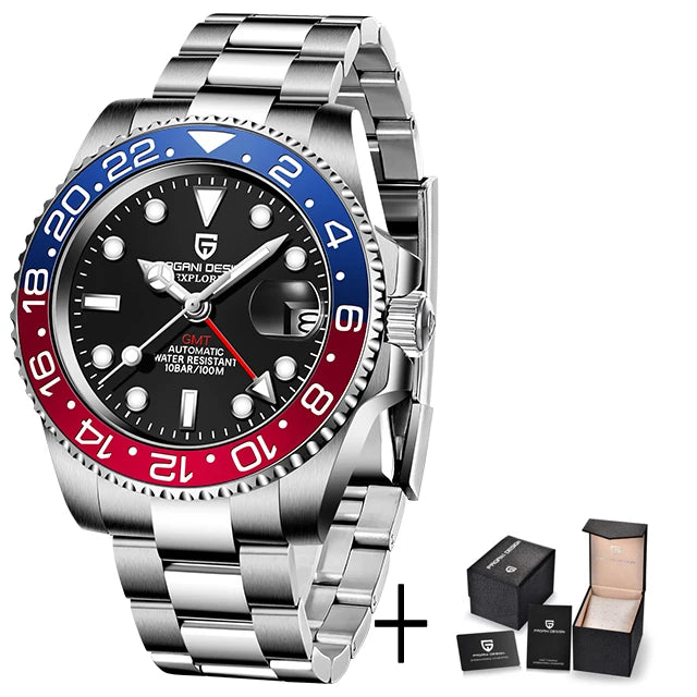 Luxury PAGANI DESIGN GMT men's watch with sapphire crystal, automatic movement, 40mm case, in black and silver tones.