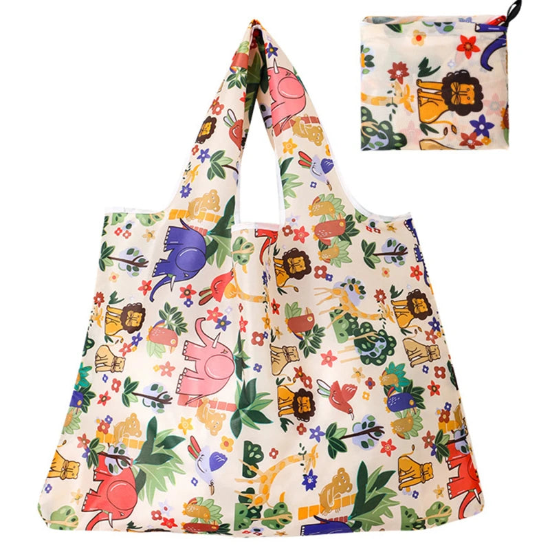 Hot Trend Vault Clyine reusable folding shopping bag with cartoon lemon and strawberry prints, eco-friendly portable tote for shoppers