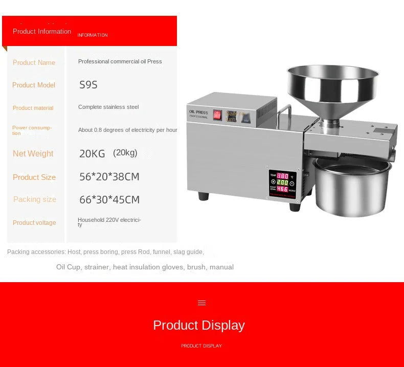 S9S Oil Press Stainless Steel Automatic Cold Press Oil Press Coconut Peanut Kernel Oil Press 110V/220V 1500W (Max)