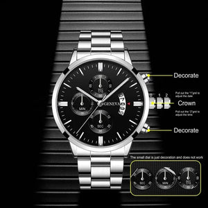 Deyros men's luxury quartz watch with round case, alloy band, and bracelet clasp, featuring a sleek, stylish design.