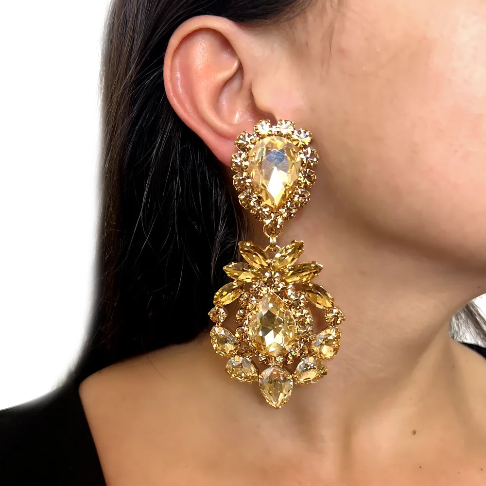 Sparkling geometric crystal drop earrings for women with rhinestones, perfect for bridal or party jewelry by Hot Trend Vault.