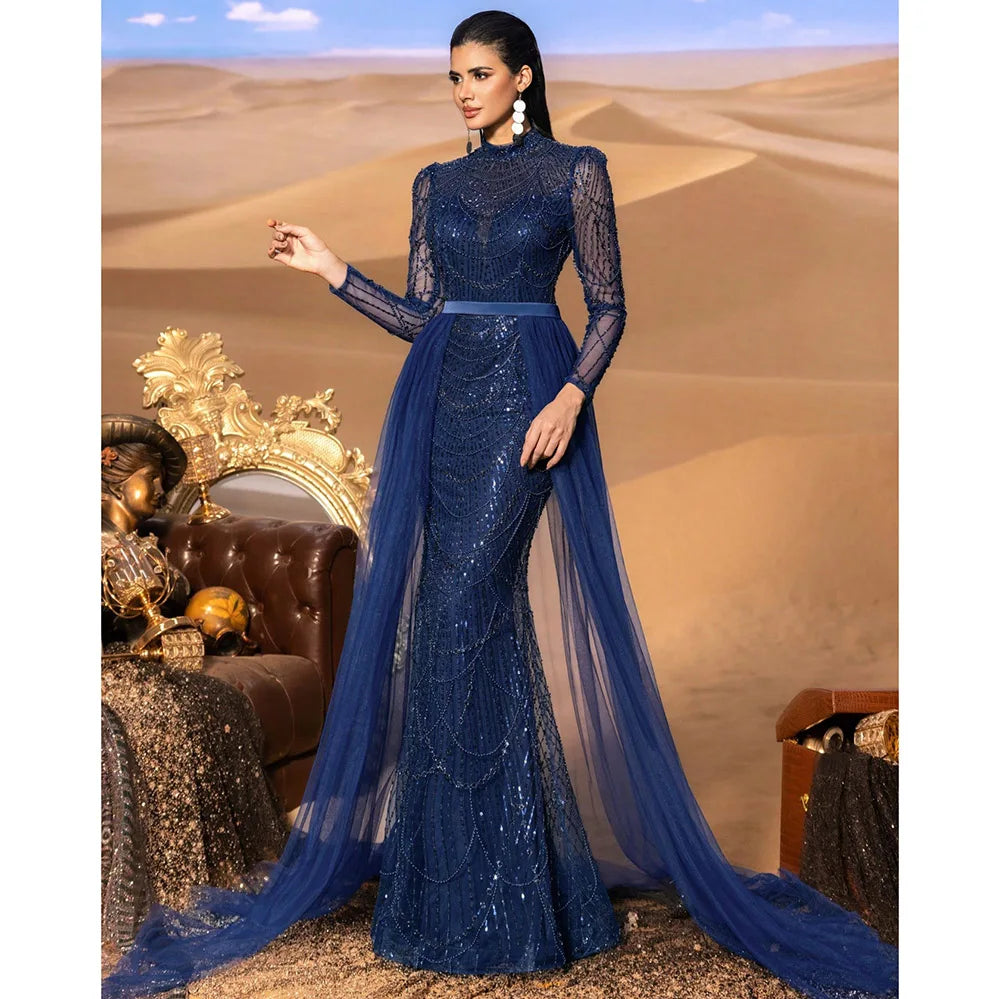 Elegant Wedding Evening  Dress for Women 2025 Muslim Long Sleeves Mermaid Detachable Train Sequined Prom Party Gown Customized