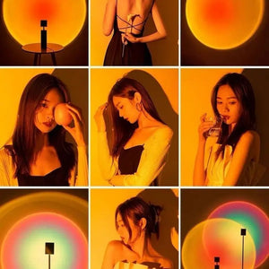 Hot Trend Vault Sunset Lamp Projector displaying colorful rainbow night light for romantic ambiance in a cozy setting.