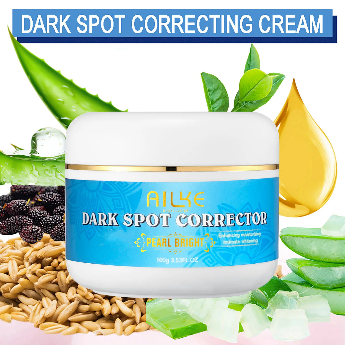 Hydrating AILKE Whitening Skin Care for women with dark spots, featuring a sleek bottle and fresh, glowing skin.