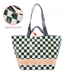 Foldable reusable waterproof shopping tote by Hot Trend Vault, eco-friendly design, shown partially folded with handles visible.