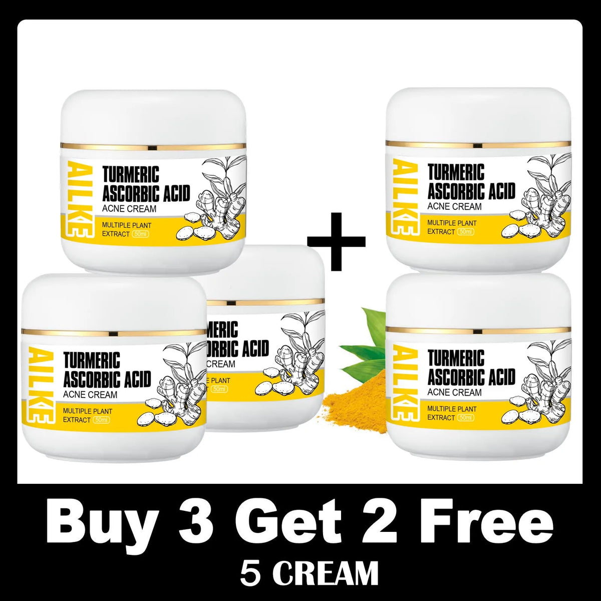 Organic turmeric skin care set by Hot Trend Vault with brightening and acne-clearing effects for all skin types, shown with bottles and jars.