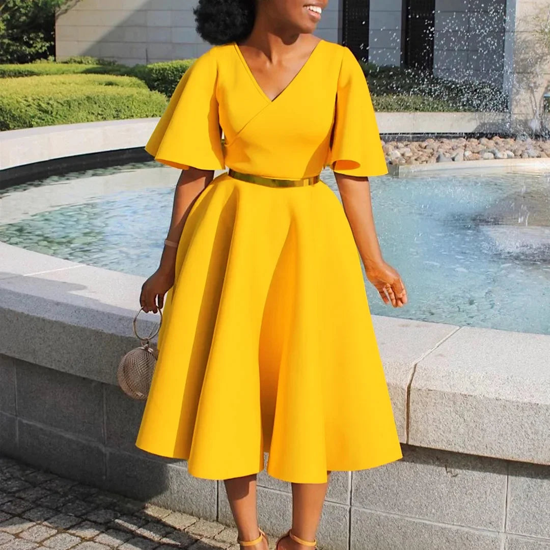 Elegant Dresses for Women V Neck Flare Sleeve High Waisted Pleated A Line Mid Calf Luxury Birthday Party Dinner Vestidos Mujer