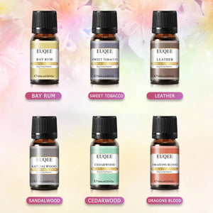 Set of six EUQEE fragrance oils for men and women in 10ml bottles by Hot Trend Vault, showcasing colorful bottles and labels.