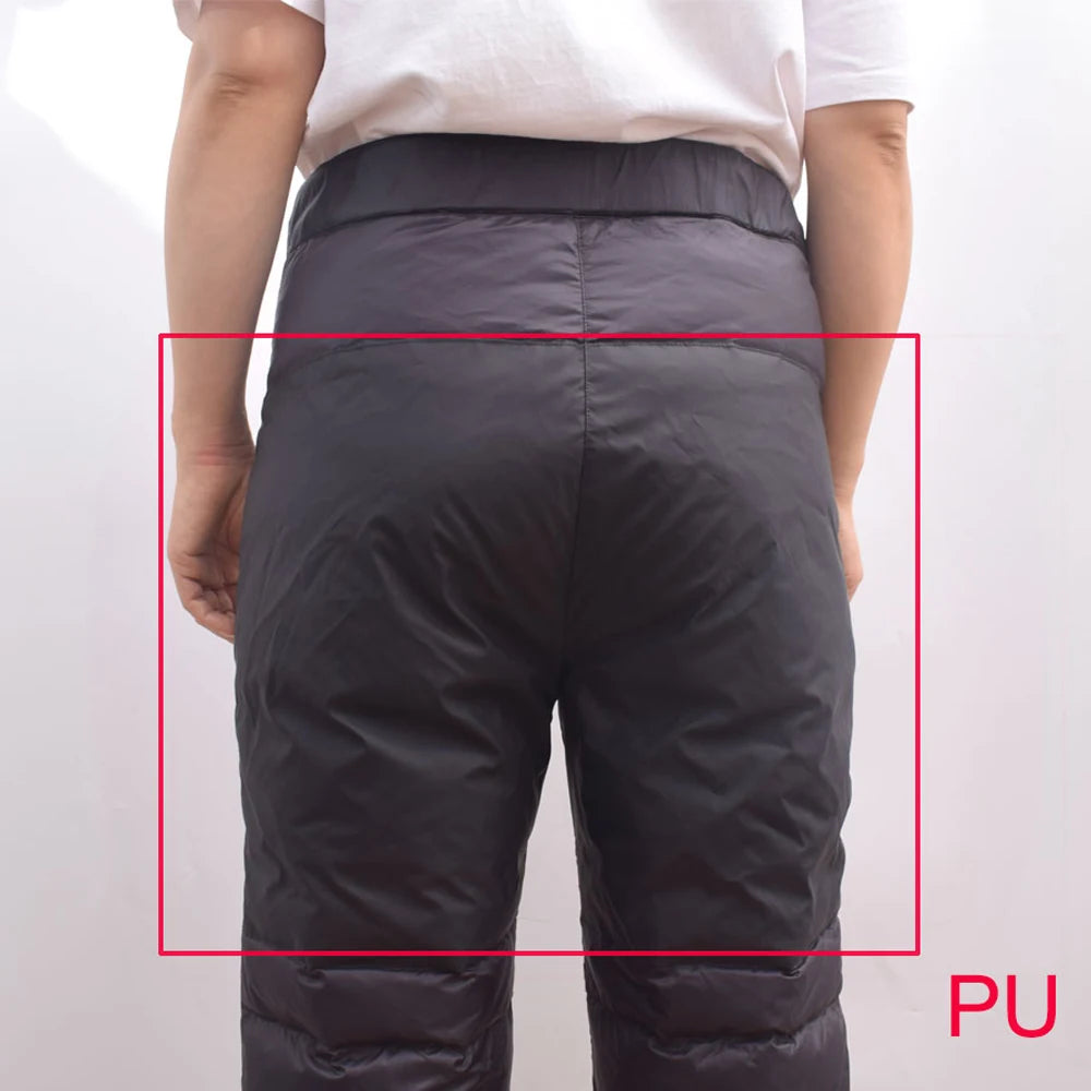 Lightweight winter hiking down pants for men and women by Hot Trend Vault, showing the insulated, warm, and comfortable design.