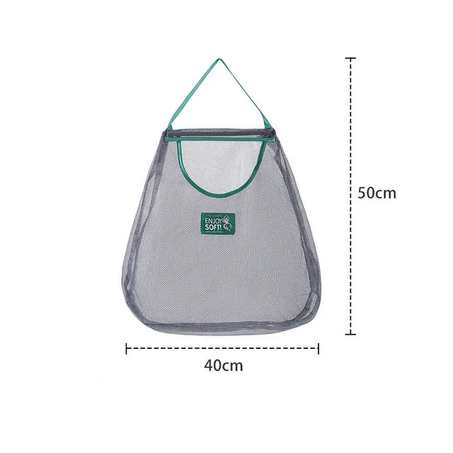 Reusable mesh storage bags hanging in a kitchen, designed for storing vegetables and produce, from Hot Trend Vault.