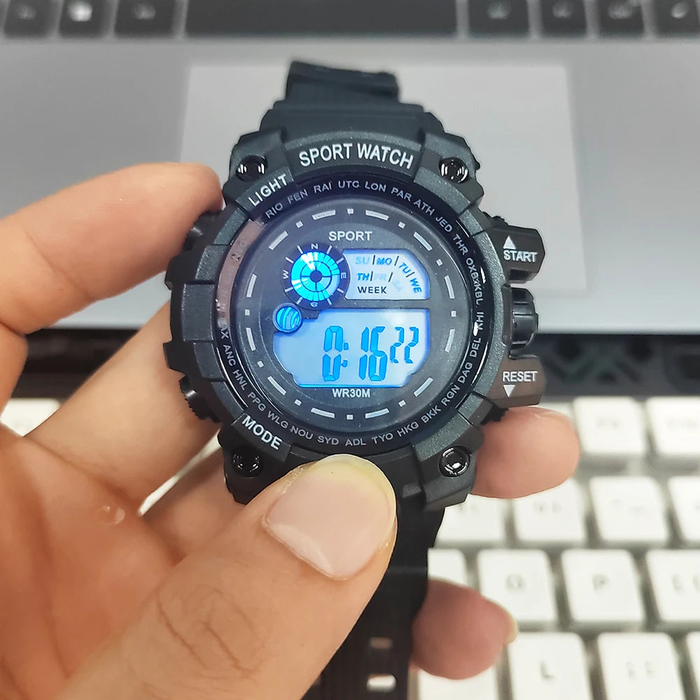 Men's LED digital watch by Hot Trend Vault featuring luminous display, waterproof design, sport style, and military-inspired details.