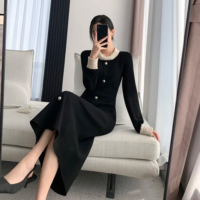 Elegant A Line Dress For Women Autumn Winter Regular Fit With Single Breasted Buttons And Peter Pan Collar