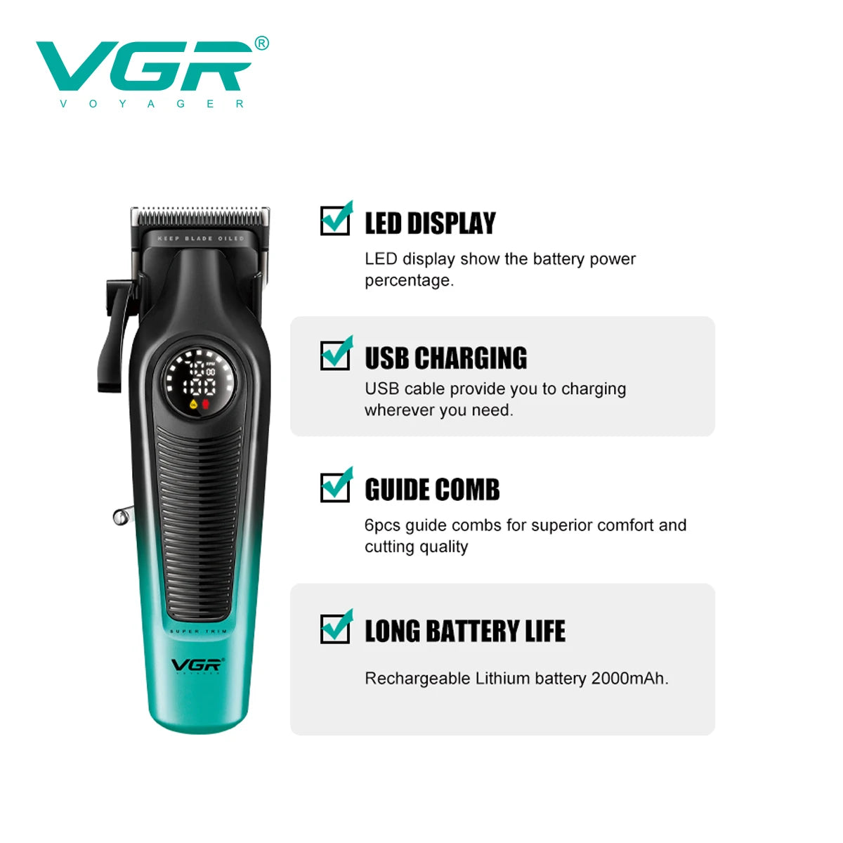 Hot Trend Vault VGRC cordless hair trimmer for men with professional barber clipper design, 2000mAh battery and LED display.