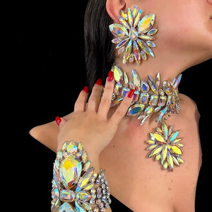 StoneFans rhinestone flower jewelry set for women and drag queens, includes necklace, earrings, and bracelet with sparkling floral design.