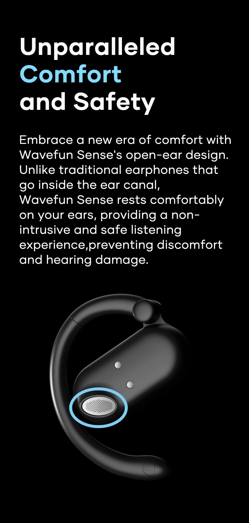 Wavefun Sense Open Ear Headphones Bluetooth Earphone with Adjustable Ear Hook Super Bass Earbuds BT5.3 Headsets with Microphone
