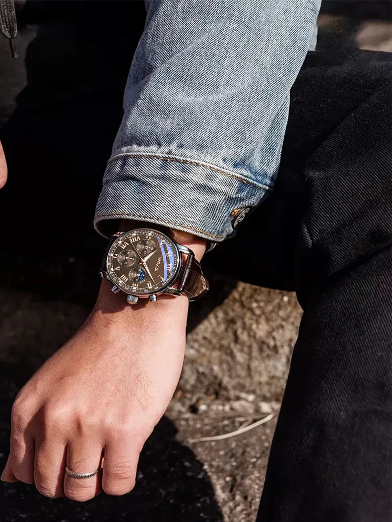 Hot Trend Vault men's leather strap watch with quartz analog movement, perfect for business accessories.