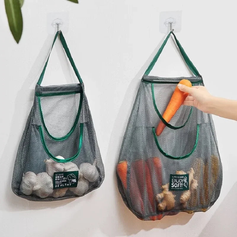 Reusable mesh storage bags by Hot Trend Vault for kitchen organization, hanging net bags for onions, garlic, and potatoes.