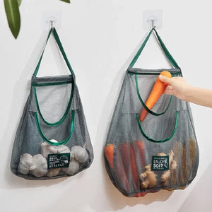 Reusable mesh storage bags by Hot Trend Vault for kitchen organization, hanging net bags for onions, garlic, and potatoes.
