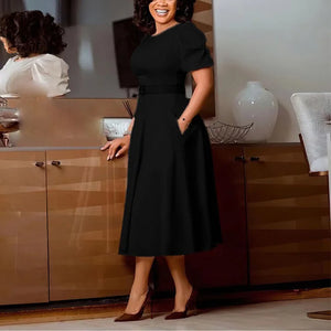 Elegant Dresses for Women 2026 New O Neck Short Sleeve Belt Waisted Pleated Mid Calf Fashion Ladies Birthday Party Dinner Dress