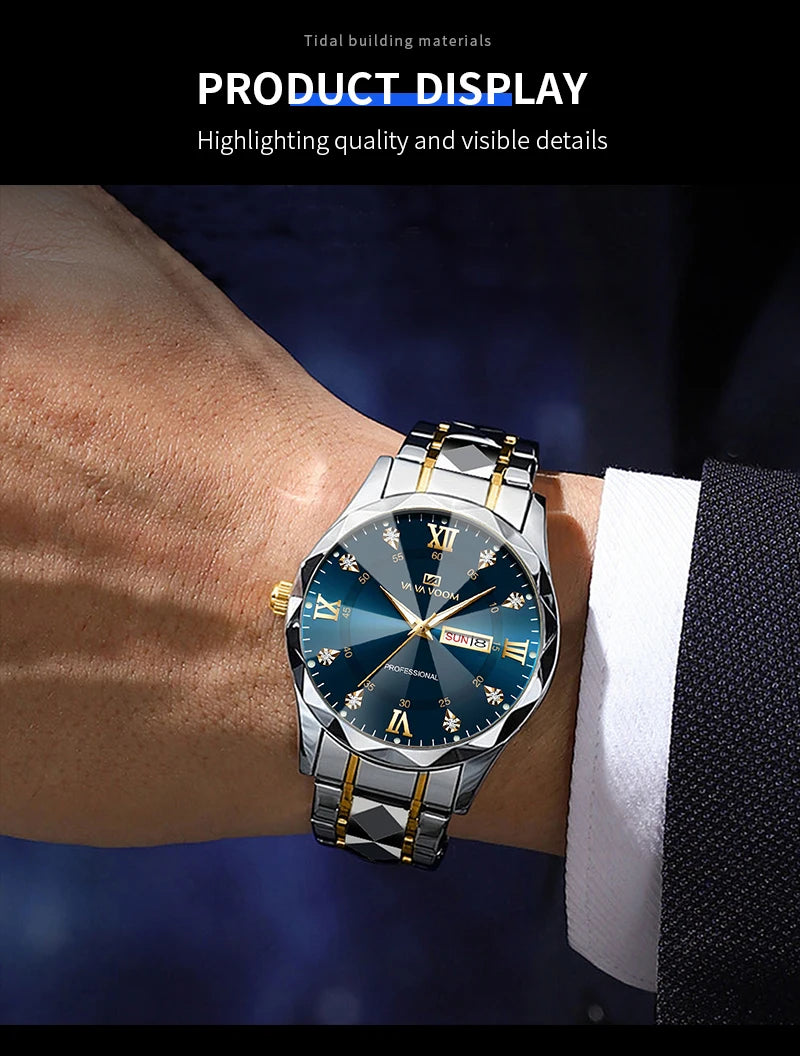 Hot Trend Vault Va Va Voom men's diamond luxury watch, 41mm night glow dial, double calendar, quartz movement, business accessory.