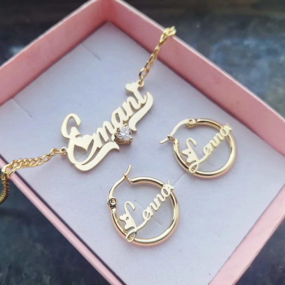 Hot Trend Vault custom name heart zircon necklace and earrings set with sparkling stones and elegant design.