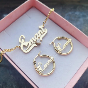 Hot Trend Vault custom name heart zircon necklace and earrings set with sparkling stones and elegant design.
