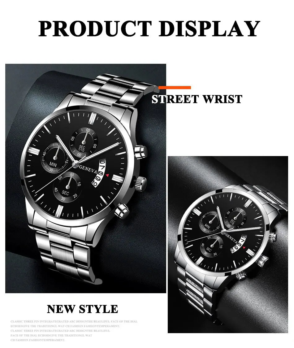 Deyros men's calendar quartz watch with luxury alloy band, round case, and bracelet clasp, featuring a sleek, modern design.