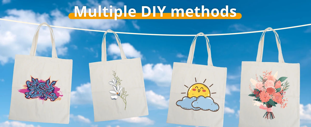 Six reusable canvas tote bags from Hot Trend Vault, eco-friendly and durable grocery shopping bags on a plain background.