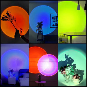 USB sunset rainbow night lamp projector by Hot Trend Vault displaying colorful sunset and rainbow visuals for bedroom decor.