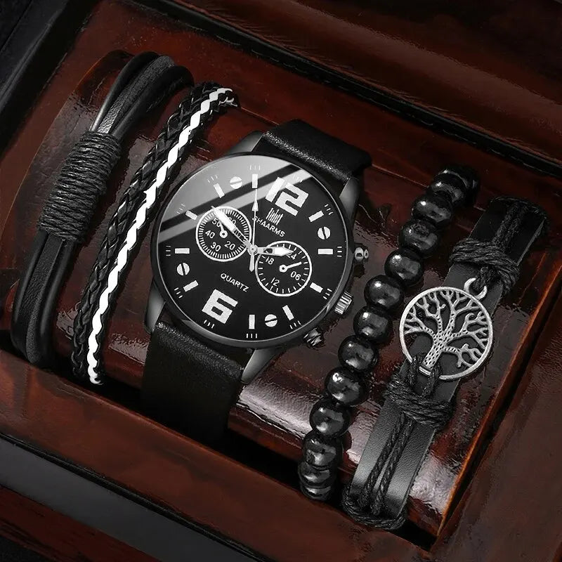 Men's sports watch set by Hot Trend Vault featuring five retro big dial quartz watches with brown leather straps.