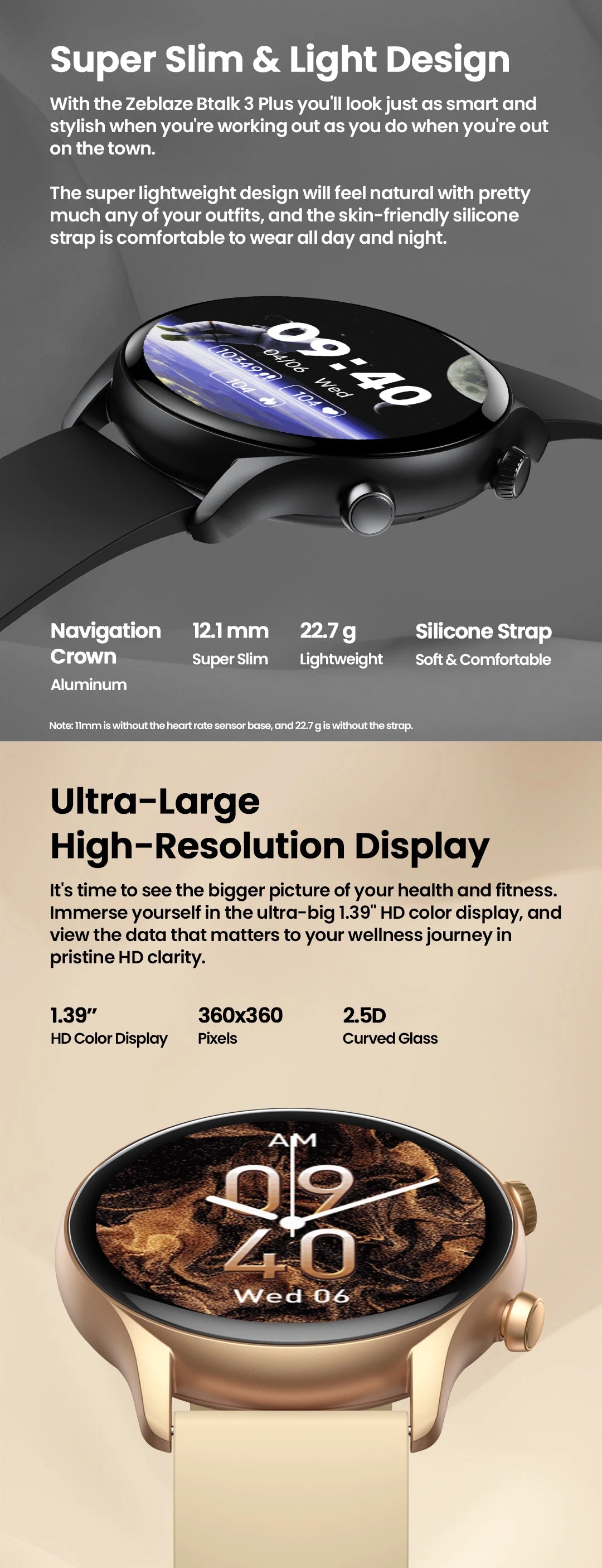 Zeblaze Btalk 3 Plus smart watch with voice calling display showing time and app icons, black band, digital screen.
