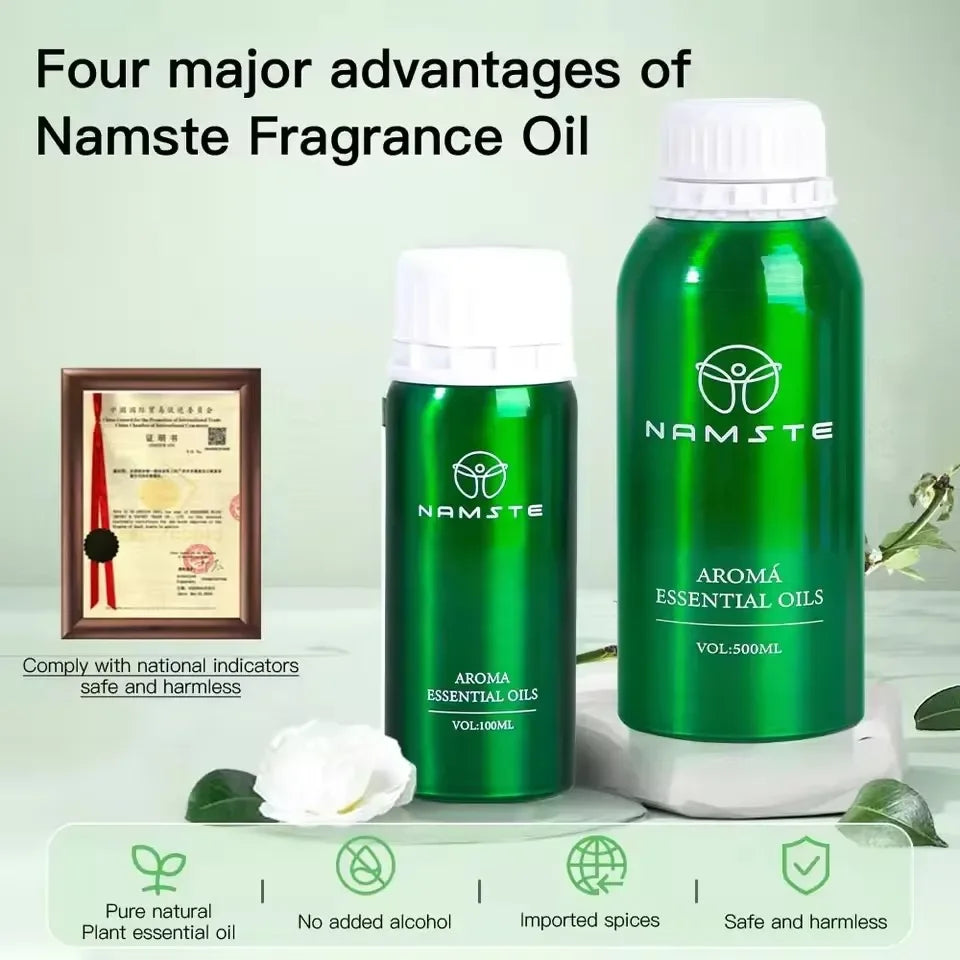 Hot Trend Vault Namste Essential Oil bottle for perfume making and aromatherapy, with a clear glass bottle and gold cap.