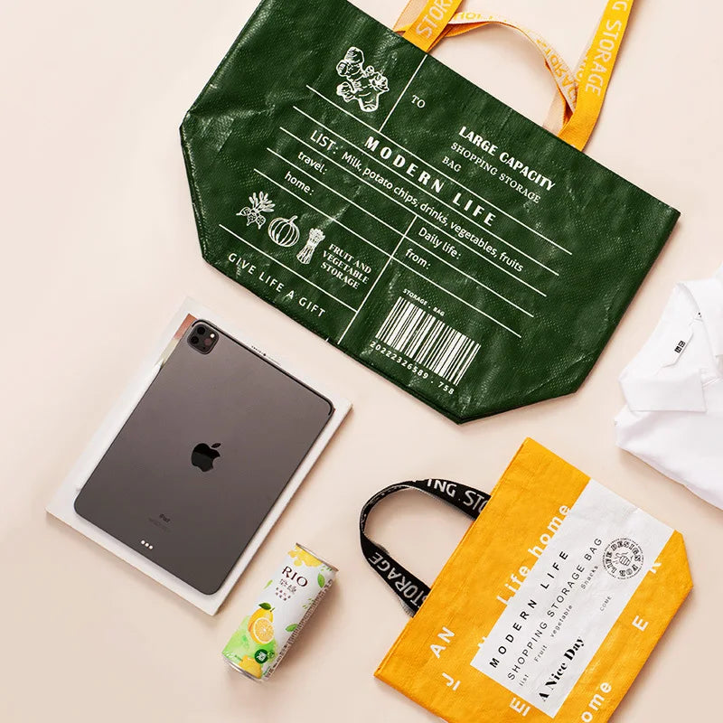 Foldable reusable waterproof shopping tote by Hot Trend Vault, eco-friendly design with sturdy handles and compact storage.