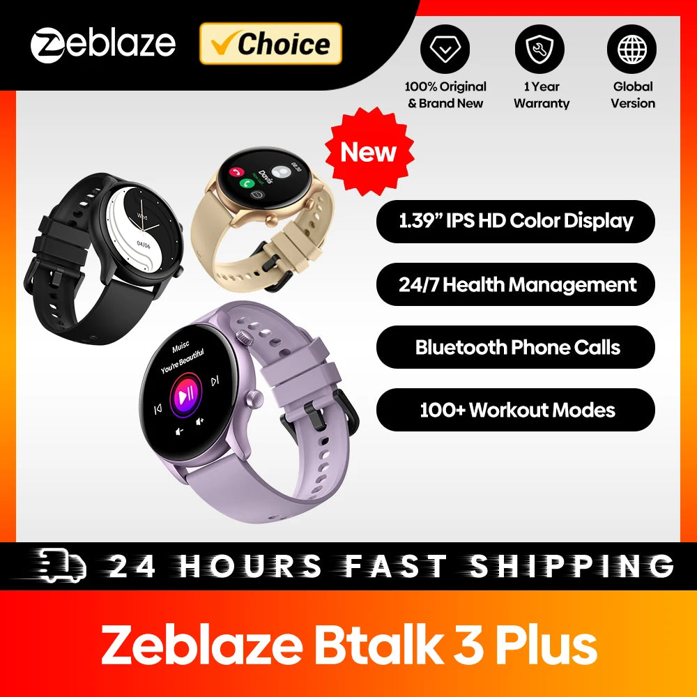 Zeblaze Btalk 3 Plus smart watch with voice calling from Hot Trend Vault, displaying a sleek black face and colorful screen.