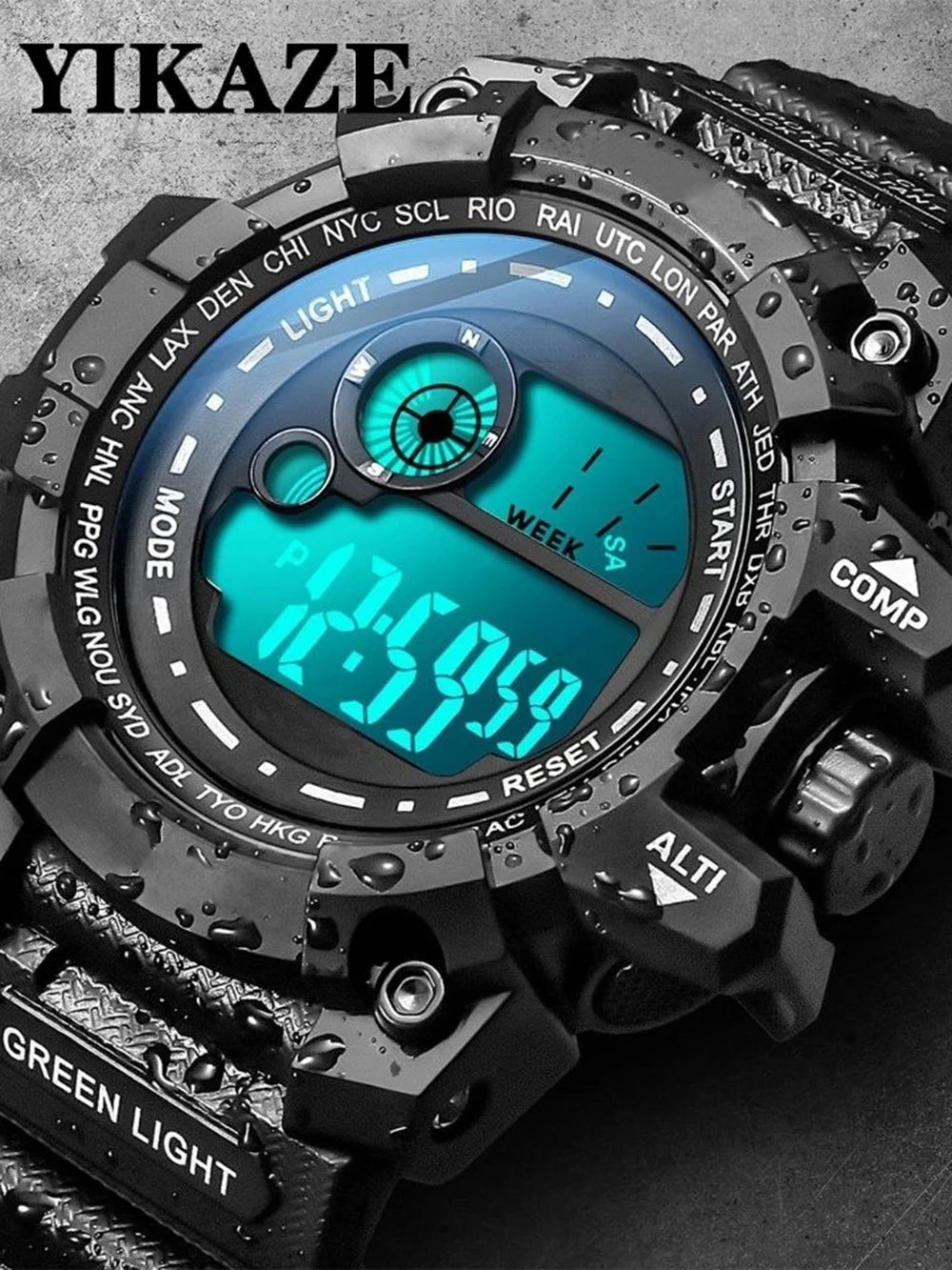 Men's LED digital watch by Hot Trend Vault featuring luminous display, waterproof design, military style, and sport functionality.