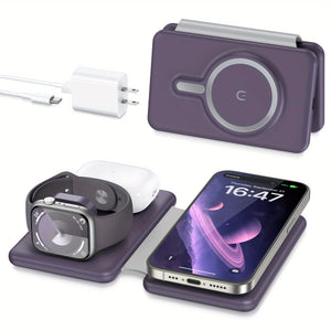 Hot Trend Vault 3-in-1 magnetic wireless charger for travel, fast 18W portable charging pad for phones, watches, and earphones.
