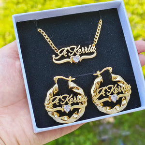 2 Pcs Set Custom Name Jewelry Set Personalized Birthstone Name Necklace 30mm/50mm Heart Bamboo Hoop Earrings for Christmas Gift