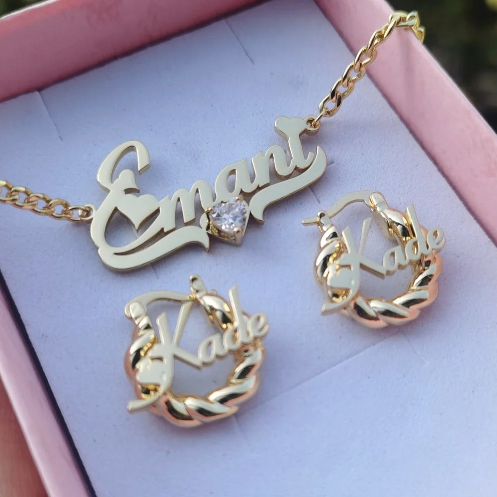 LeeChee Heart Zircon Custom Name Necklace 18mm Mini Twist Earrings Jewelry Set Gift For Girls
