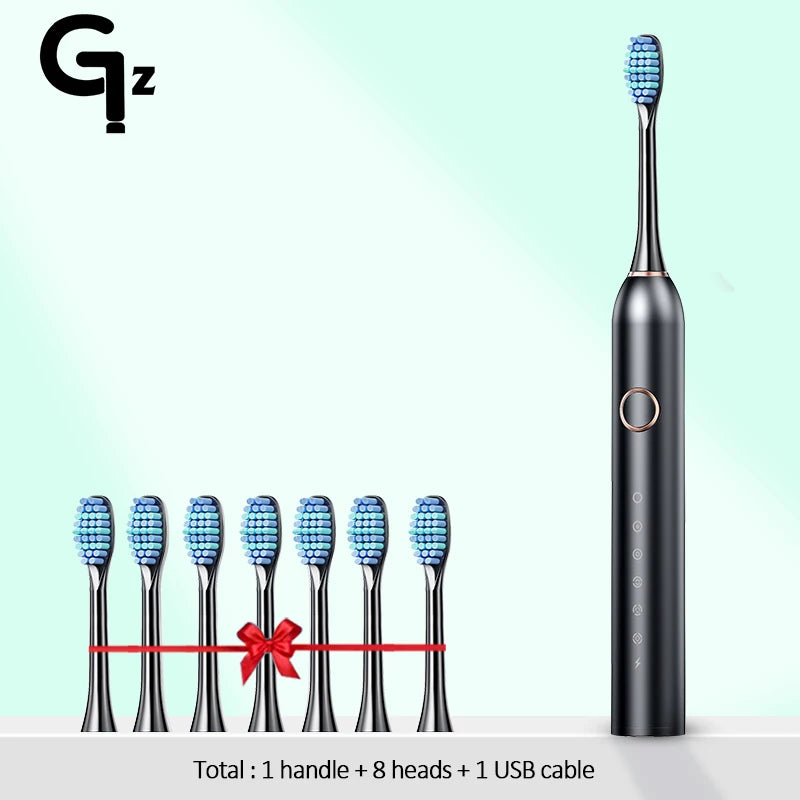 Hot Trend Vault GeZhou Sonic Electric Toothbrush for adults with 6 modes, timer, USB rechargeability, and replacement heads in the set.