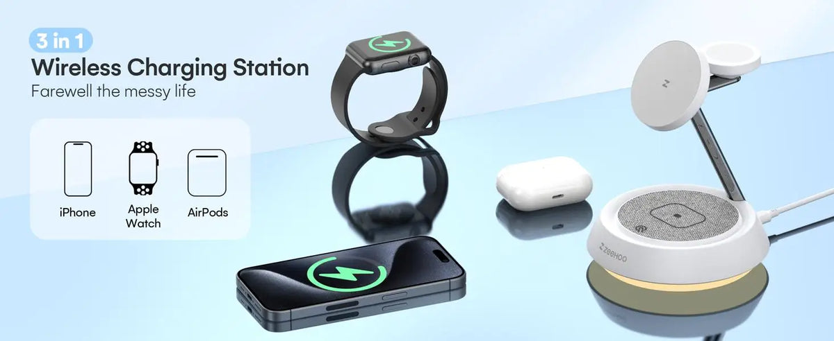 ZeeHoo 3-in-1 wireless charging station with night light for iPhone, Apple Watch, and AirPods, featuring fast 15W charging.