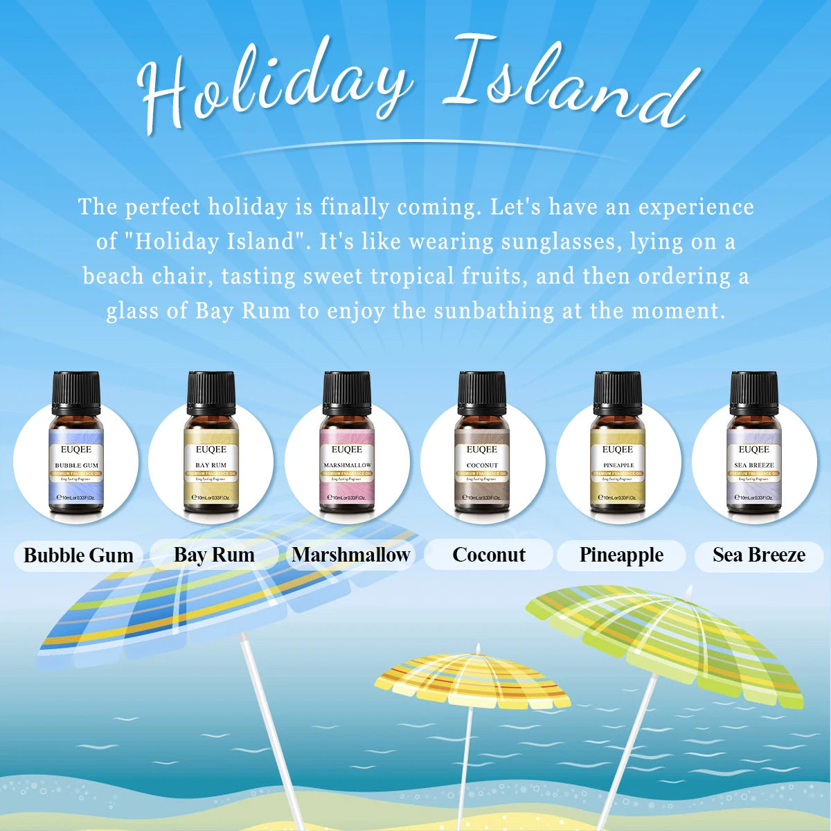 Set of six EUQEE fragrance oils for men and women in 10ml bottles by Hot Trend Vault, displayed in a sleek packaging.