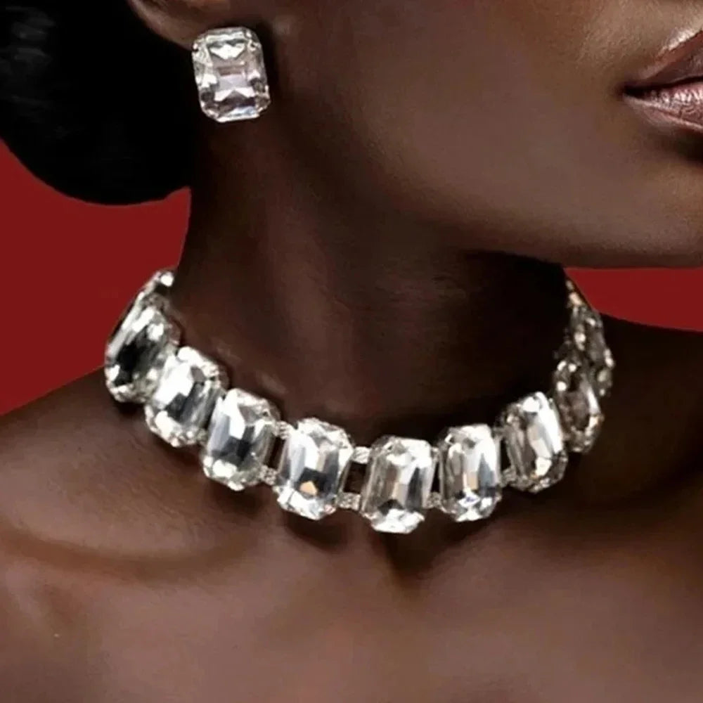 Stone Fans geometric crystal necklace and earrings set by Hot Trend Vault, featuring sparkling bridal jewelry for weddings.