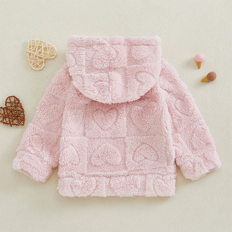Kids Baby Girl Plush Hooded Sweatshirt Autumn Winter Cute Heart Pattern Long Sleeve Casual Hoodies Valentine's Day Pullovers