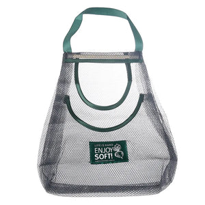 Reusable mesh storage bags hanging in a kitchen, ideal for storing vegetables, by Hot Trend Vault for organized home storage.