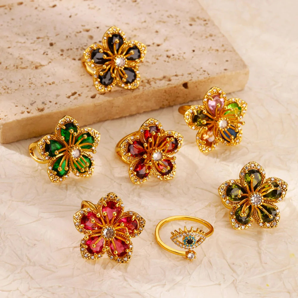 Green Zircon Flower Rings For Women Gold Color Stainless Steel Flower Floral Ring Elegant Luxury Wedding Aesthetic Jewelry Gift
